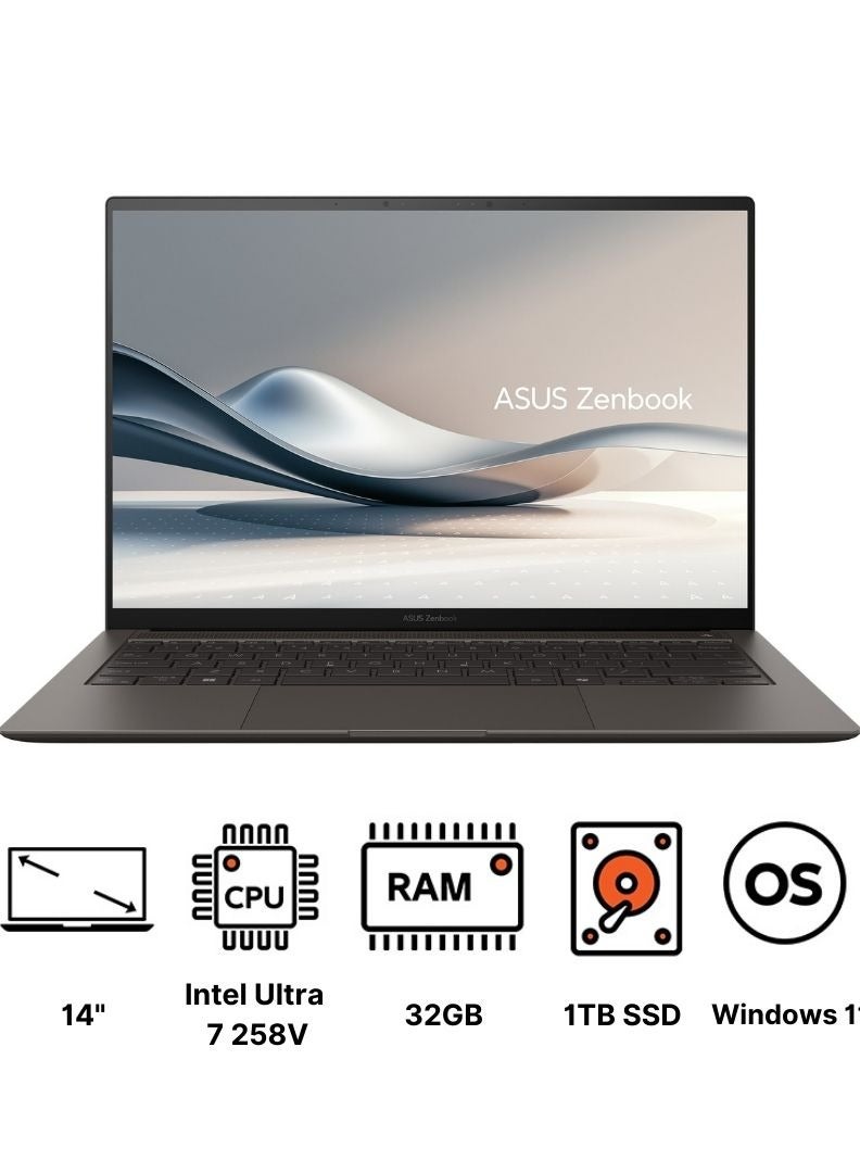 ASUS Zenbook S 14 OLED UX5406SA-PV007W Laptop  14 OLED Inch / Core Ultra 7 -258V/ 32GB RAM/  1TB SSD /Intel Arc Graphics/ Win11 / English/Arabic Zumaia Grey - Image 1
