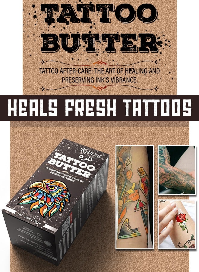 Kanza 75g Tattoo Aftercare Butter Tattoo Balm Cream Moisturizer Hydrates New Tattoos Revives Old Tattoos Daily Tattoo Healing Brightener Tattoo Lotion Color Enhancement & Brightener Balm - Image 2