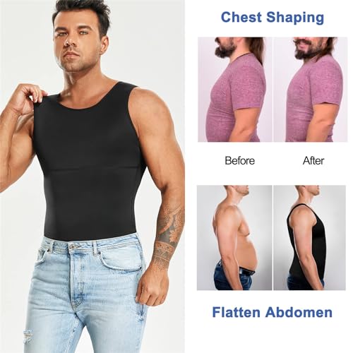 Eleady Mens Compression Shirt Slimming Body Shaper Vest Workout Tank Tops Abs Abdomen Undershirts 2 Packs - Black+White, Large - Image 4