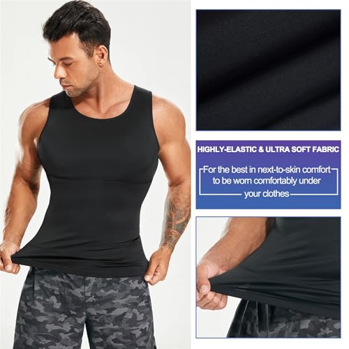 Eleady Mens Compression Shirt Slimming Body Shaper Vest Workout Tank Tops Abs Abdomen Undershirts 2 Packs - Black+White, Large - Image 3