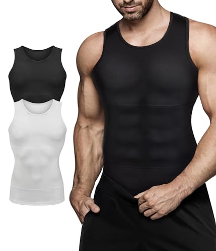 Eleady Mens Compression Shirt Slimming Body Shaper Vest Workout Tank Tops Abs Abdomen Undershirts 2 Packs - Black+White, Large - Image 5