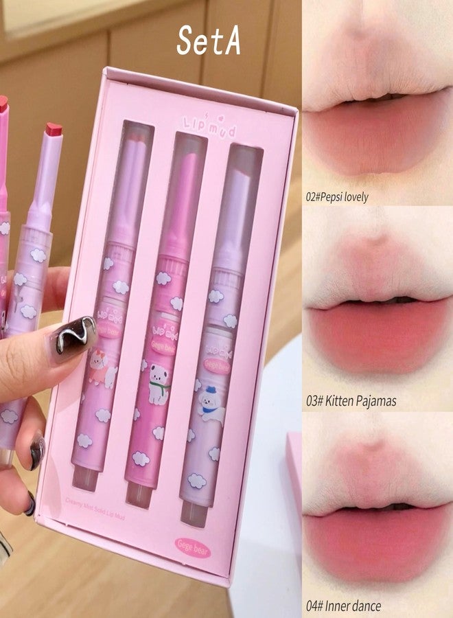 Gege Bear Creamy Mist Solid Lip Mud- High-Pigment, Long-Lasting & Waterproof | Smudge-Proof & Non-Sticky Velvet Soft Matte Lipstick | Lightweight, Airy Matte Lipstick for Women | Moisturizing & Blurring Korean Beauty Cloud Lip Mud for Soft and Smooth (SET A, 3*2g) - Image 3