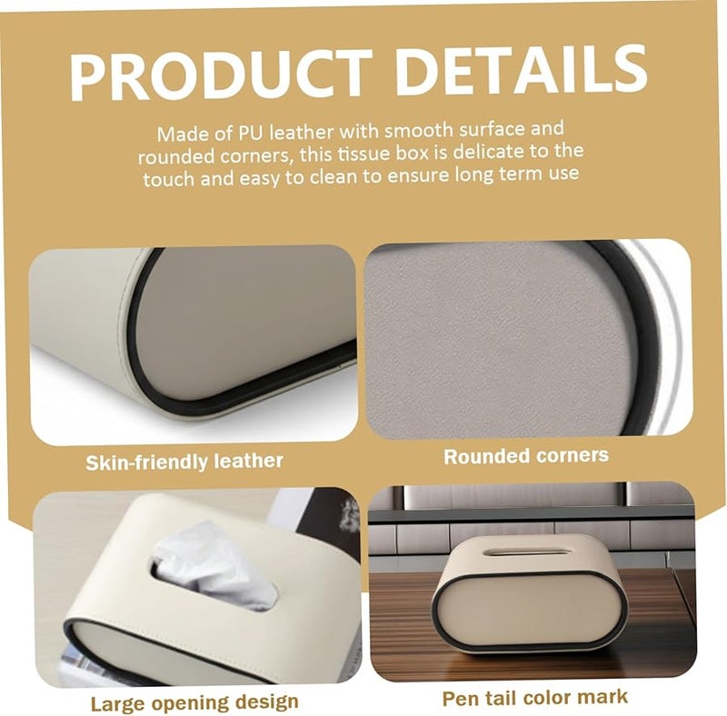 غطاء علبة المناديق البيضاوي الجلدي الأبيض حامل المناديق الفاخر لغرفة المعيشة أو السيارة أو المكتب - Image 5