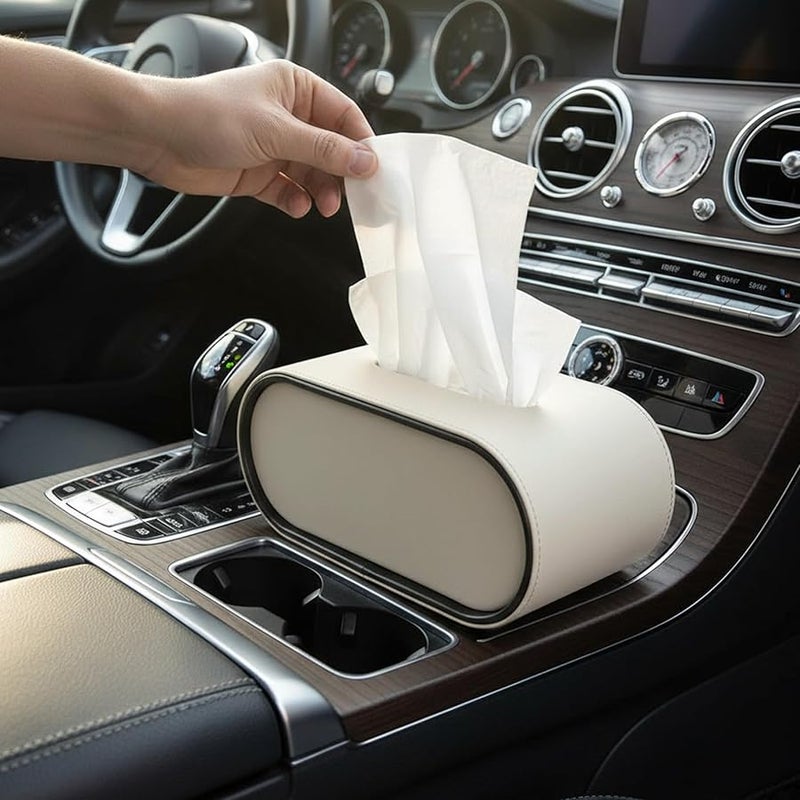 غطاء علبة المناديق البيضاوي الجلدي الأبيض حامل المناديق الفاخر لغرفة المعيشة أو السيارة أو المكتب - Image 3