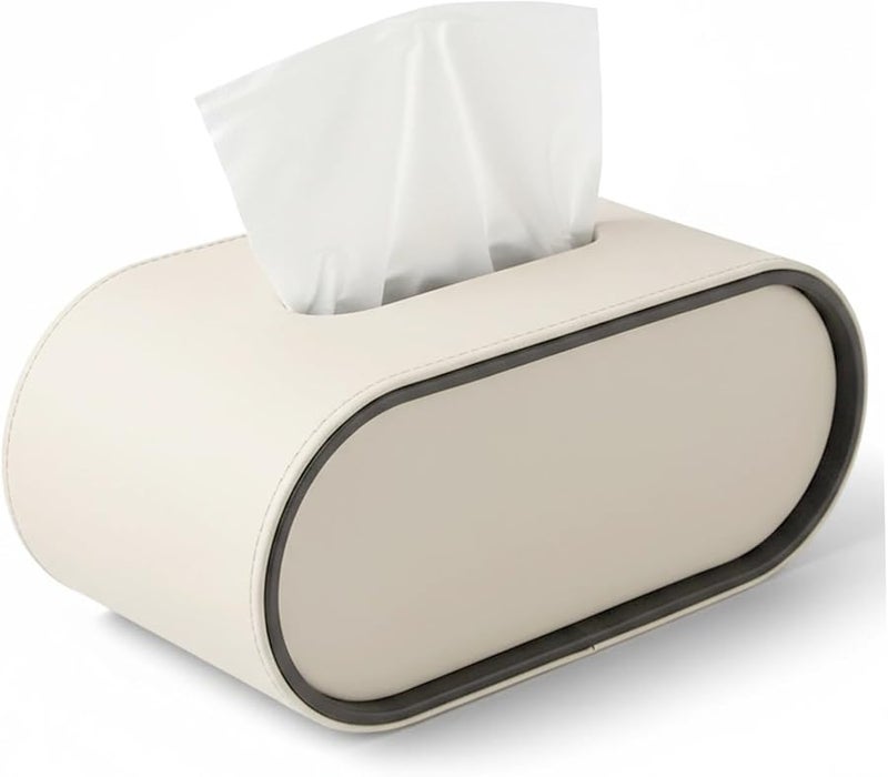 غطاء علبة المناديق البيضاوي الجلدي الأبيض حامل المناديق الفاخر لغرفة المعيشة أو السيارة أو المكتب - Image 1