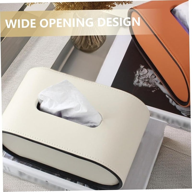غطاء علبة المناديق البيضاوي الجلدي الأبيض حامل المناديق الفاخر لغرفة المعيشة أو السيارة أو المكتب - Image 4