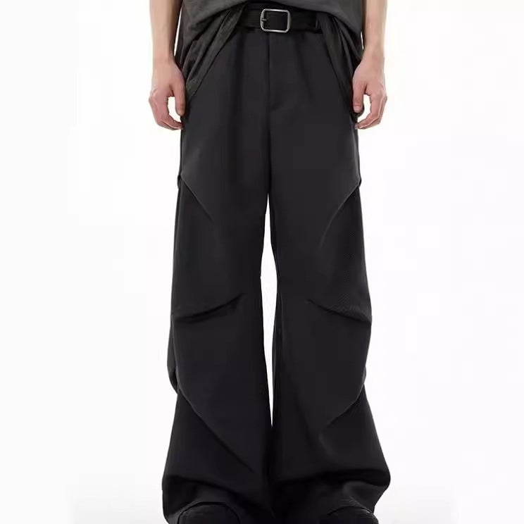 American-style Niche Design Pleated Mop Casual Pants High-end Loose Straight Drape Black Pants for Men Black