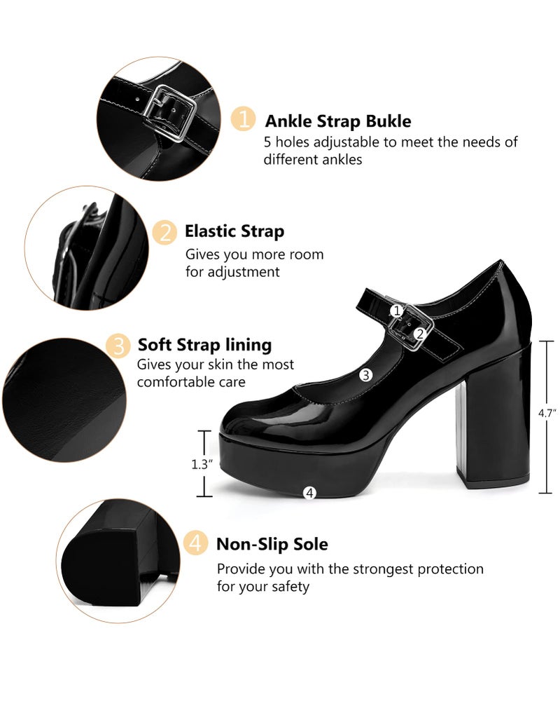 Coutgo Mary Jane Shoes Women Black Platform Heels Patent Chunky Dress Shoes - Image 4