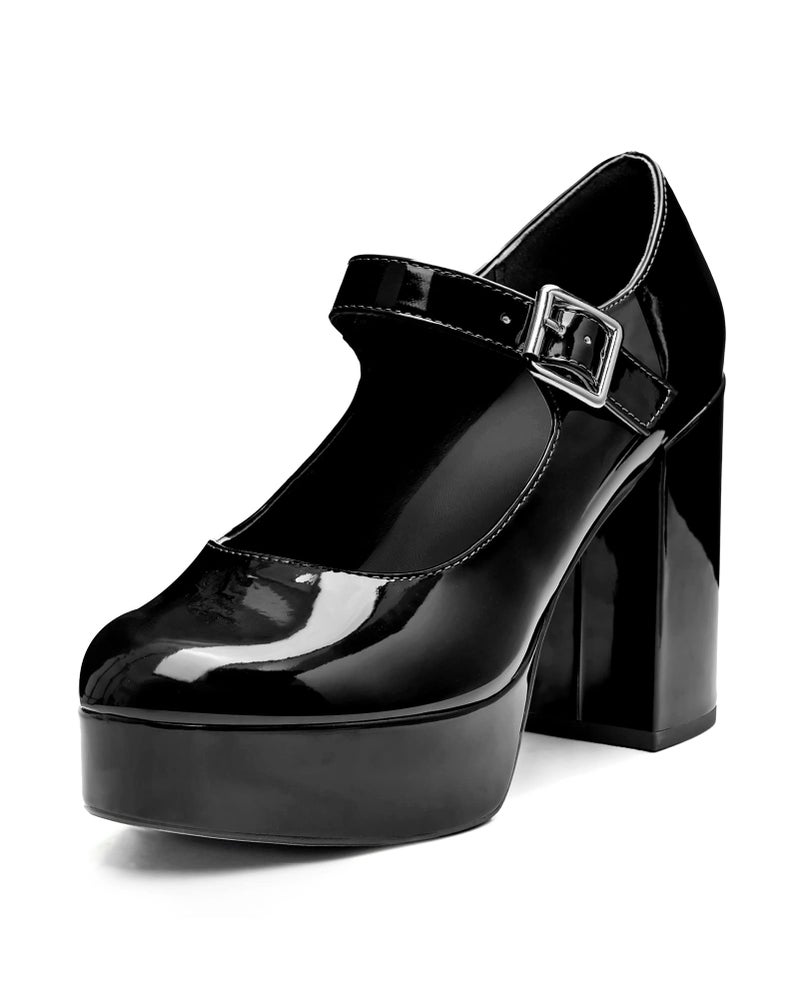 Coutgo Mary Jane Shoes Women Black Platform Heels Patent Chunky Dress Shoes - Image 1