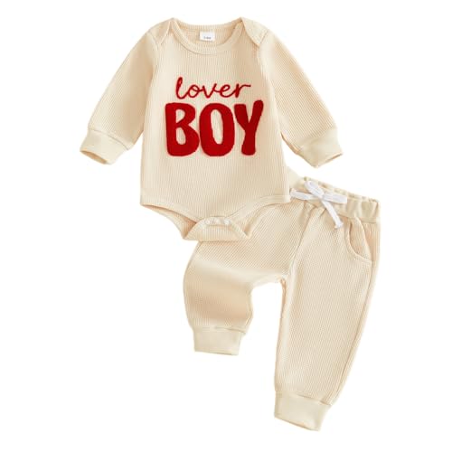 BemeyourBBs Newborn Baby Boy Valentines Outfit Embroidery Long Sleeve Romper Elastic Waist Pants Set 2 Piece Waffle Clothes (Lover Boy Beige, 12-18 Months) - Image 1