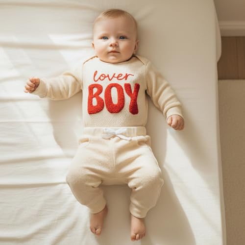 BemeyourBBs Newborn Baby Boy Valentines Outfit Embroidery Long Sleeve Romper Elastic Waist Pants Set 2 Piece Waffle Clothes (Lover Boy Beige, 12-18 Months) - Image 3