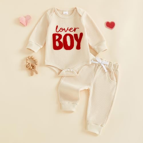 BemeyourBBs Newborn Baby Boy Valentines Outfit Embroidery Long Sleeve Romper Elastic Waist Pants Set 2 Piece Waffle Clothes (Lover Boy Beige, 12-18 Months) - Image 4