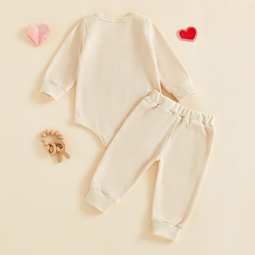 BemeyourBBs Newborn Baby Boy Valentines Outfit Embroidery Long Sleeve Romper Elastic Waist Pants Set 2 Piece Waffle Clothes (Lover Boy Beige, 12-18 Months) - Image 5
