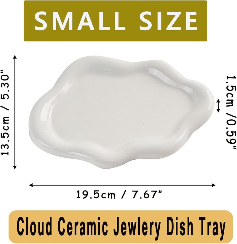 BESSKON Small Jewelry Dish for Women, Gifts for Mom, Ceramic Jewlery Tray Ring Holder, Vanity Ring Dish Cute Cloud Tray, Nightstand Decor Trinket Bowl for Earrings, Perfume, Keys, White Jewelry Plate - Image 2