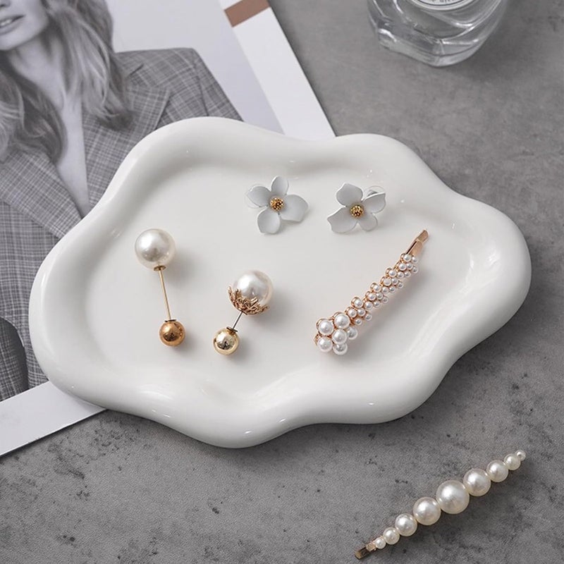 BESSKON Small Jewelry Dish for Women, Gifts for Mom, Ceramic Jewlery Tray Ring Holder, Vanity Ring Dish Cute Cloud Tray, Nightstand Decor Trinket Bowl for Earrings, Perfume, Keys, White Jewelry Plate - Image 5