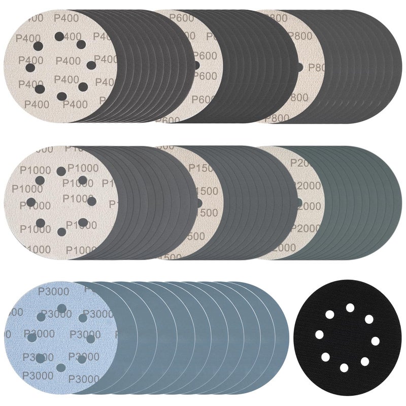 Rvetol 140Pcs 5 Inch Wet Dry Sanding Discs Hook and Loop 8 Holes Sandpaper 400/600/800/1000/1500/2000/3000 Assortment Grits for Orbital Sander Automotive Wood Metal Polishing - Image 1