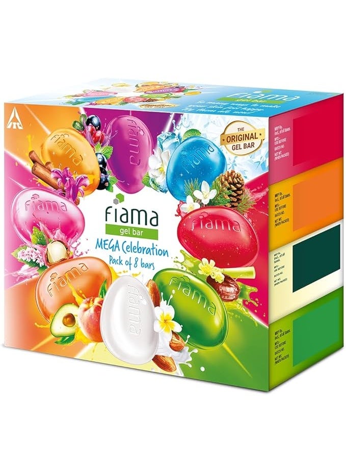 Fiama Gel Bar Mega Celebration Pack 1kg (125g Pack of 8) | 8 Unique Soap Variants | Moisturised Skin with 30% Smoothing Body Serum | Bathing Soap Gift Set for Women & Men | All Skin Types