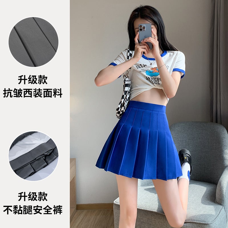 100-Crotch Women Black High-Waist Plaid Short A- Dress Spring Summer Autumn Large Size Half-Dress Comfortable Casual Style Calain Blue [anti-wrinkle]]