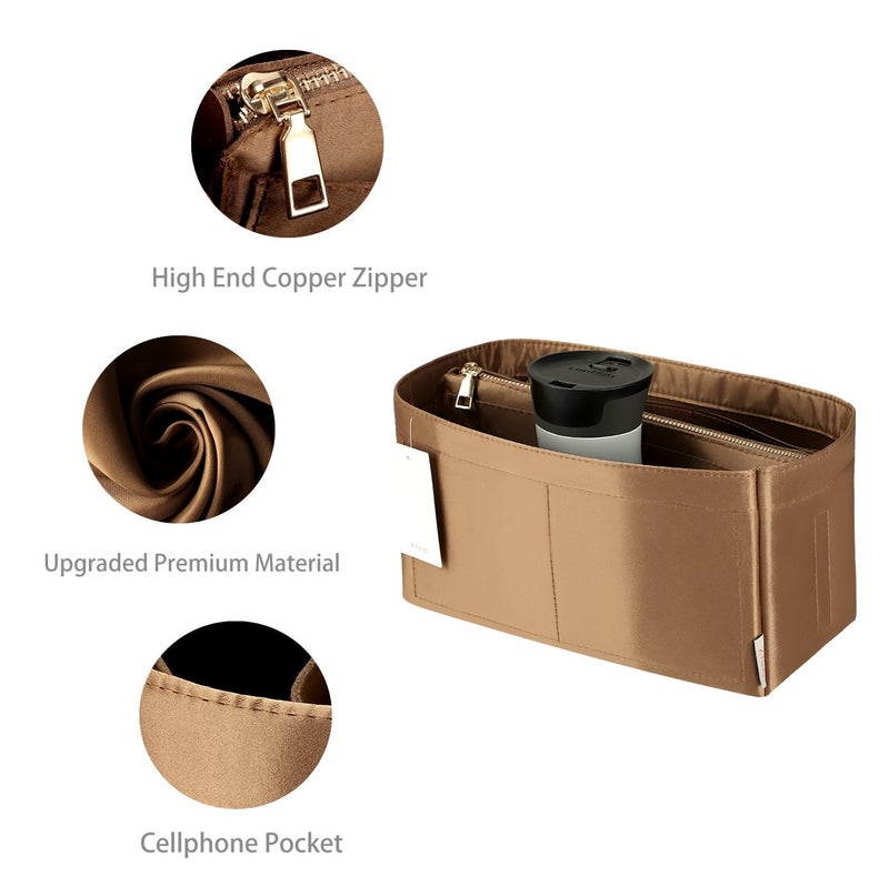 ZTUJO Purse Organizer Insert For Handbags, Purse Organizer With Zipper, Neverfull Organizer, Bag Organizer For Speedy Neverfull ONTHEGO Tote, Handbag and More (Silky Brown, Medium) - Image 4