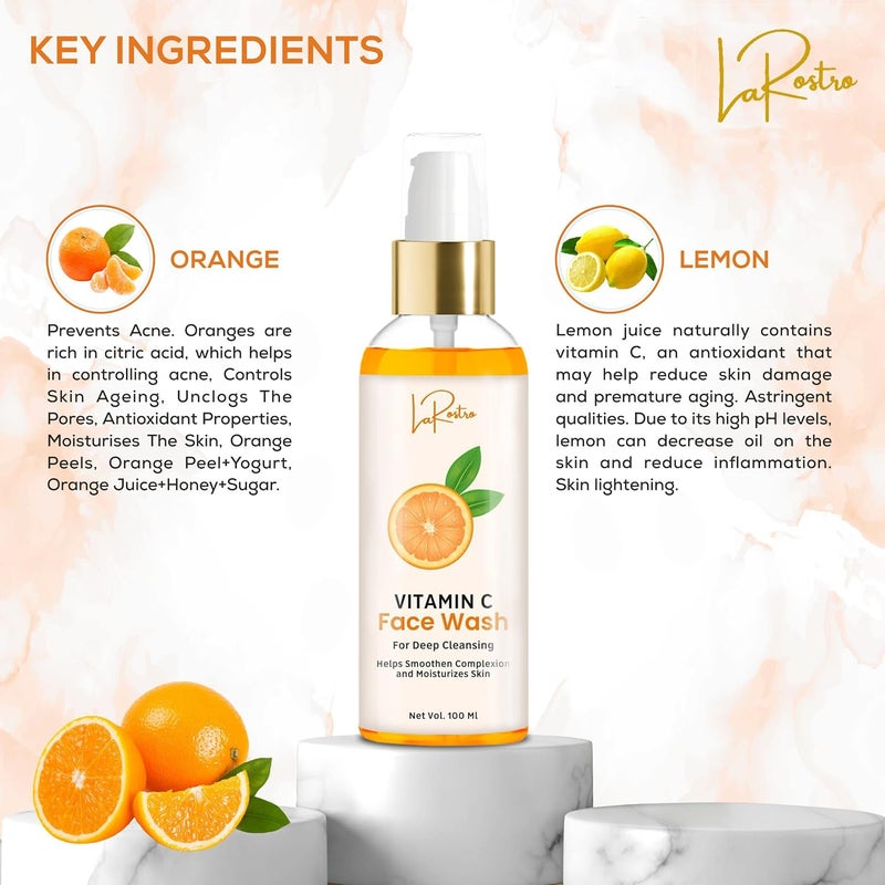 La Rostro Vitamin C Face Wash With Vitamin C And Lemon For Dark Spot Reduction Glowing Skin Dirt Removal For Men And Women No Parabens Silicone 100ml Pack of 3 - Image 3