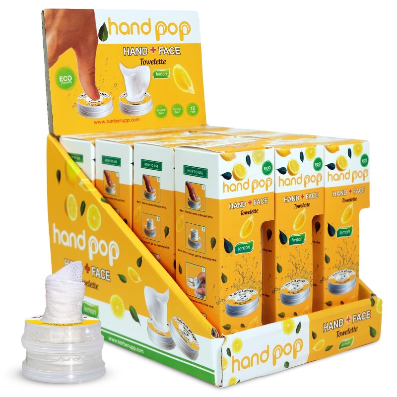 BARBERUPP Hand Pop Lemon Wipes Bulk Pack â€“ 120 Individually Wrapped Refreshing Wet Towelettes (12 Boxes of 10) â€“ Alcohol-Free, Skin-Friendly, Travel Size Wipes for Home, Office, Events & Gifting - Image 1