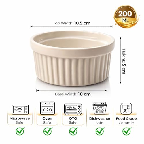 Mirakii White Ceramic Ramekin Bowl 200 ml Set of 6, Microwave and Dishwasher Safe for Serving Cereal, Dal, Dessert, Curd - Image 4