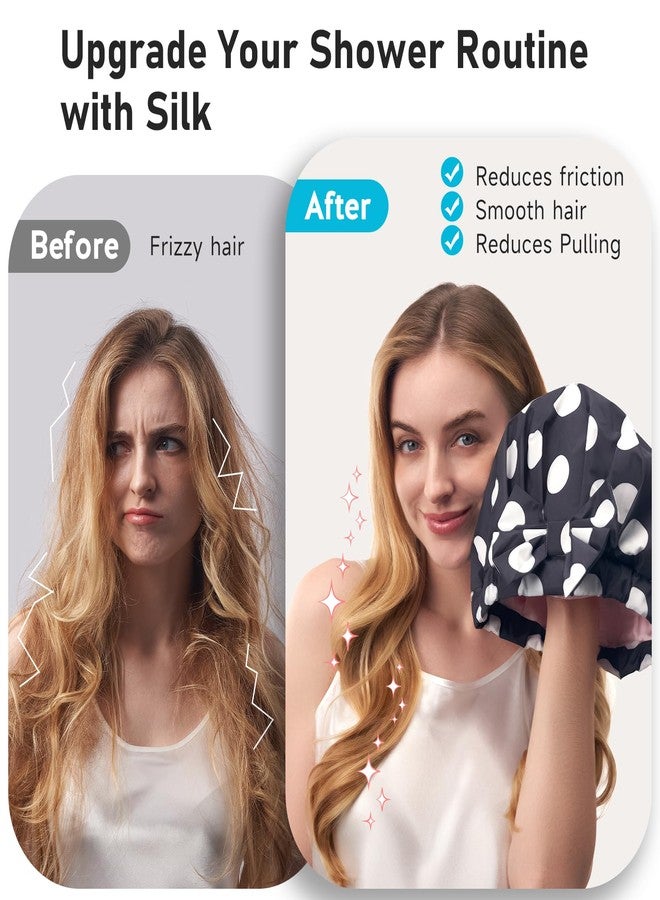 LitBear Luxury Silk Lined Shower Caps for Women Reusable Waterproof, Double Layered Large Bathing Hair Cap with Adjustable Elastic Strap, Non-slip, Quick-dry, for Long Short Hair, Black Dots - Image 3