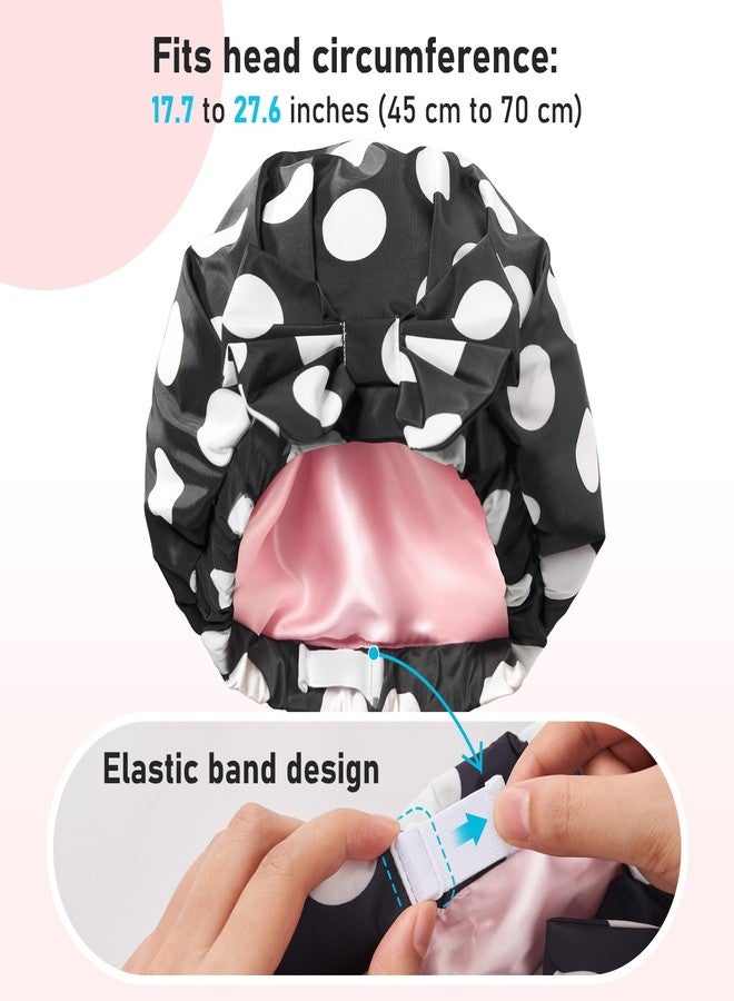LitBear Luxury Silk Lined Shower Caps for Women Reusable Waterproof, Double Layered Large Bathing Hair Cap with Adjustable Elastic Strap, Non-slip, Quick-dry, for Long Short Hair, Black Dots - Image 5
