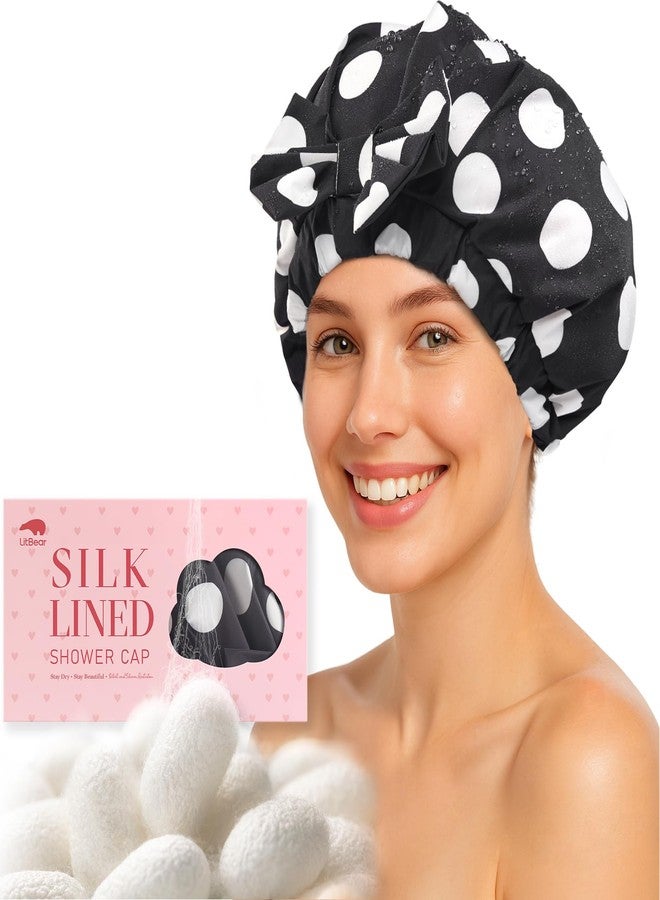 LitBear Luxury Silk Lined Shower Caps for Women Reusable Waterproof, Double Layered Large Bathing Hair Cap with Adjustable Elastic Strap, Non-slip, Quick-dry, for Long Short Hair, Black Dots - Image 1