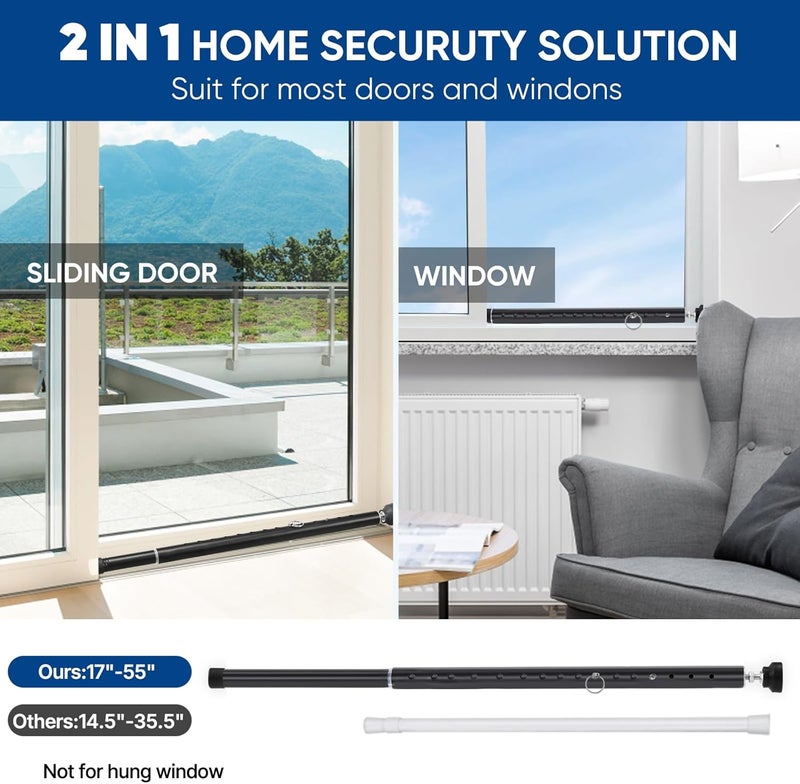 Supforce Sliding Door Security Bar, 17-55 Inches Adjustable Window Security Bars, 1 Inch Heavy Duty Sliding Door Lock Bar with Rubber Tips, Sliding Glass Door Security Bar for Home Apartment (Black) - Image 4