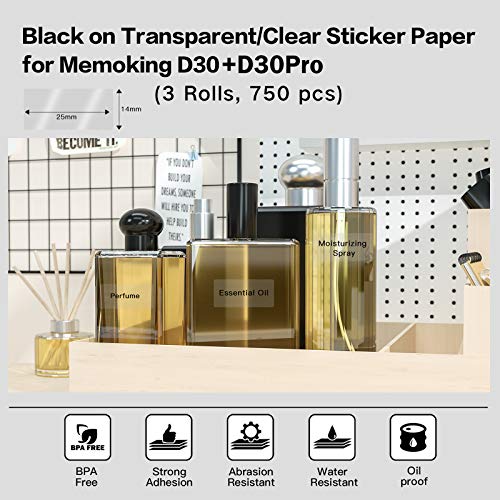 Memoking ملصق حراري شفاف D30 - ورق طابعة ملصقات شفاف طابعة حرارية ورق ذاتي اللصق 14x25 مم/0.55x0.98 بوصة للاسم والسعر والتخزين، متوافق مع صانع الملصقات Memoking/Phomemo D30، 3 لفات - Image 2