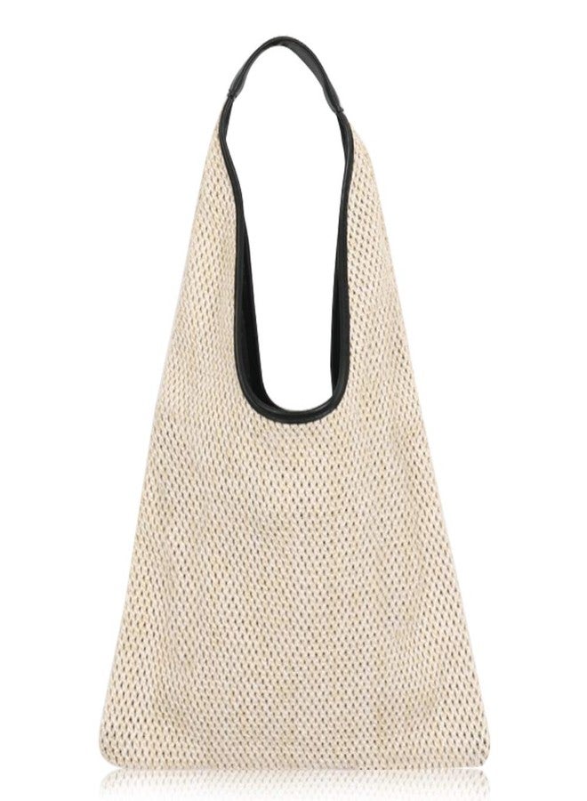 QTKJ Hand-woven Straw Shoulder Bag Boho Black Leather Top Handle Tote Retro Summer Beach Bag Holiday Travel Handbag (White) - Image 1