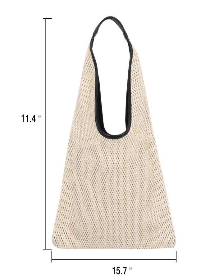 QTKJ Hand-woven Straw Shoulder Bag Boho Black Leather Top Handle Tote Retro Summer Beach Bag Holiday Travel Handbag (White) - Image 3