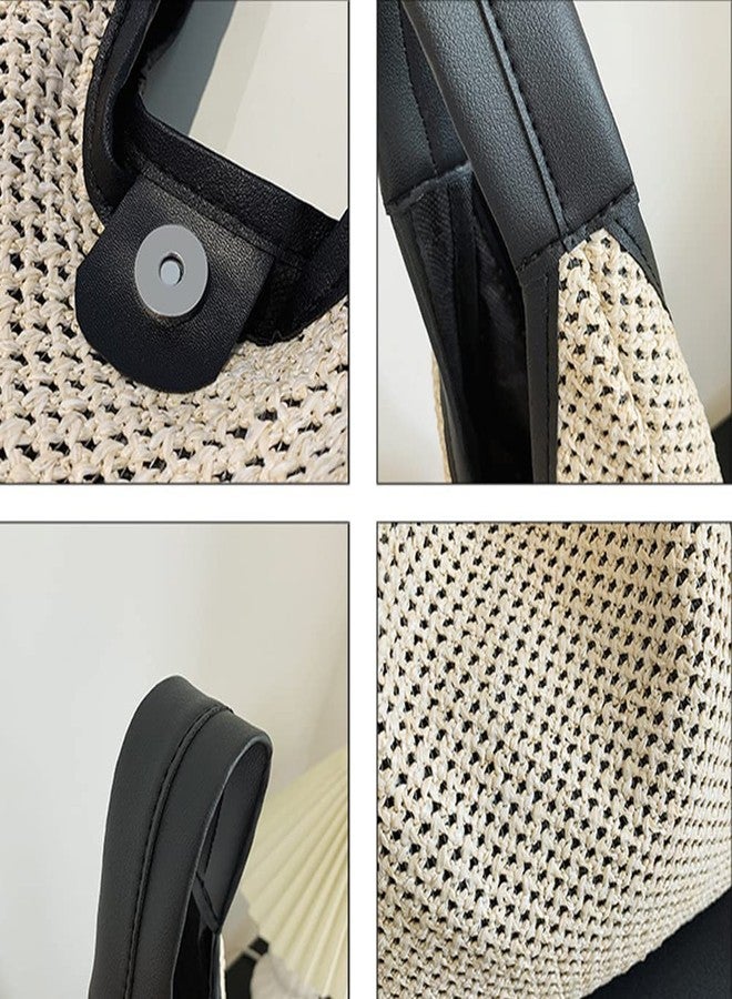 QTKJ Hand-woven Straw Shoulder Bag Boho Black Leather Top Handle Tote Retro Summer Beach Bag Holiday Travel Handbag (White) - Image 4