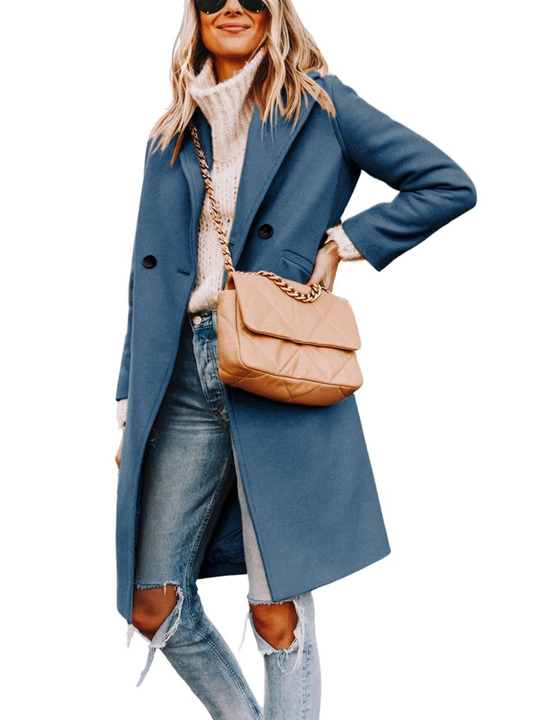 Hooever Womens Winter Wool Coat Casual Notch Lapel SingleBreasted PeacoatblueM01