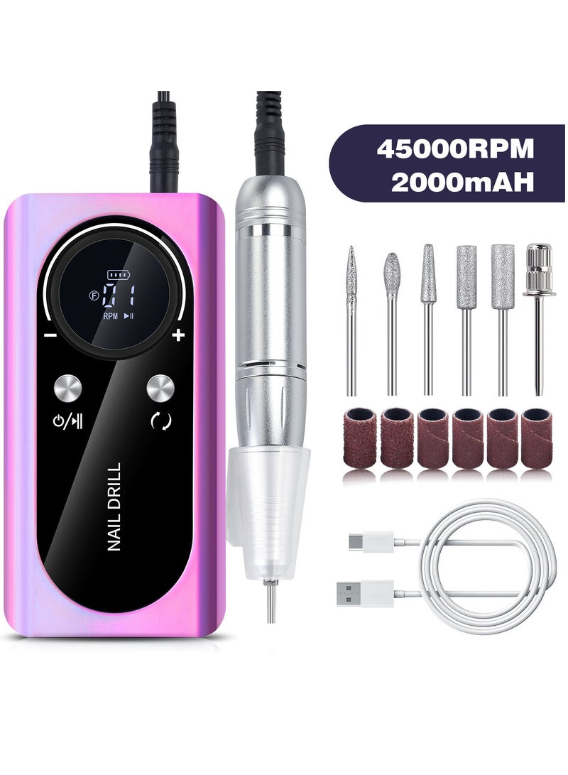 GUDOO مثقاب أظافر قابل لإعادة الشحن 45000 دورة في الدقيقة، جهاز مثقاب أظافر كهربائي، مجموعة مثقاب أظافر كهربائية عالية السرعة لصالونات الأظافر، فضي