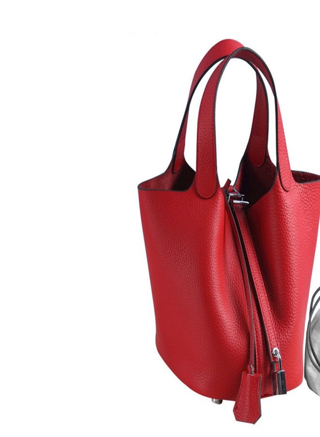Loquat Litchi Grain Top Layer Cow Skin Bucket Bag Red  - Image 2