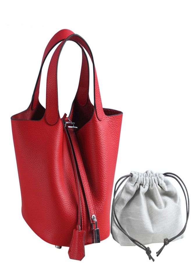Loquat Litchi Grain Top Layer Cow Skin Bucket Bag Red  - Image 1