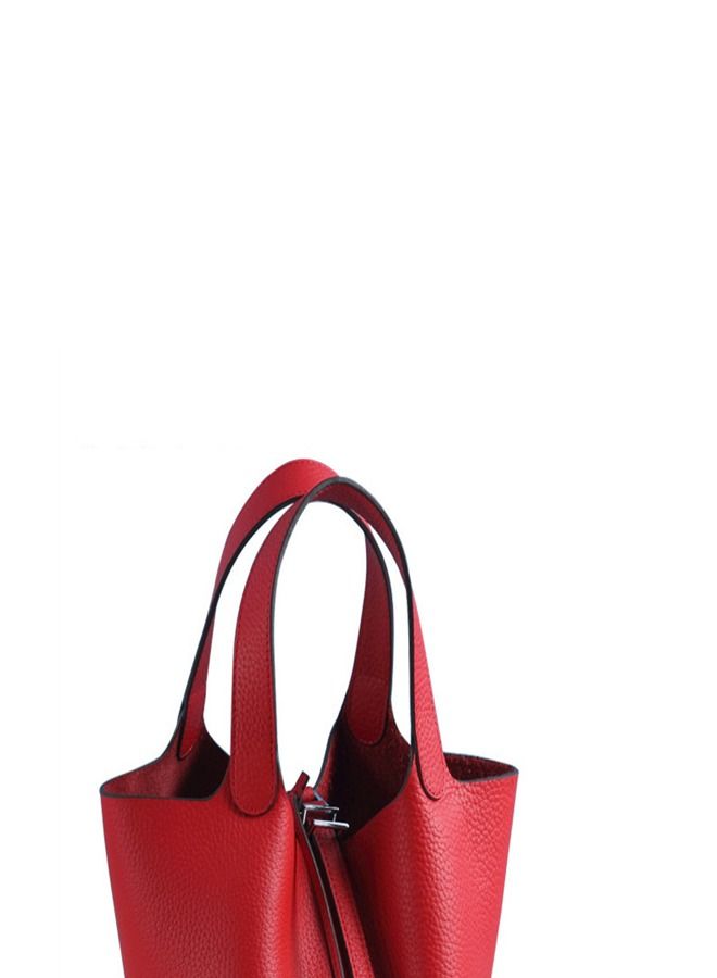 Loquat Litchi Grain Top Layer Cow Skin Bucket Bag Red  - Image 3