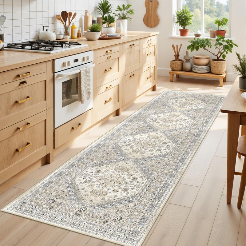 Restydon Runner Rug 2x8 Runners for Hallways Non Slip Washable, Vintage Hallway Runner Rugs for Living Room, Low Pile Soft Hallway Rug for Kitchen Bedroom Laundry Room Rug(Beige,2'x8') - Image 2