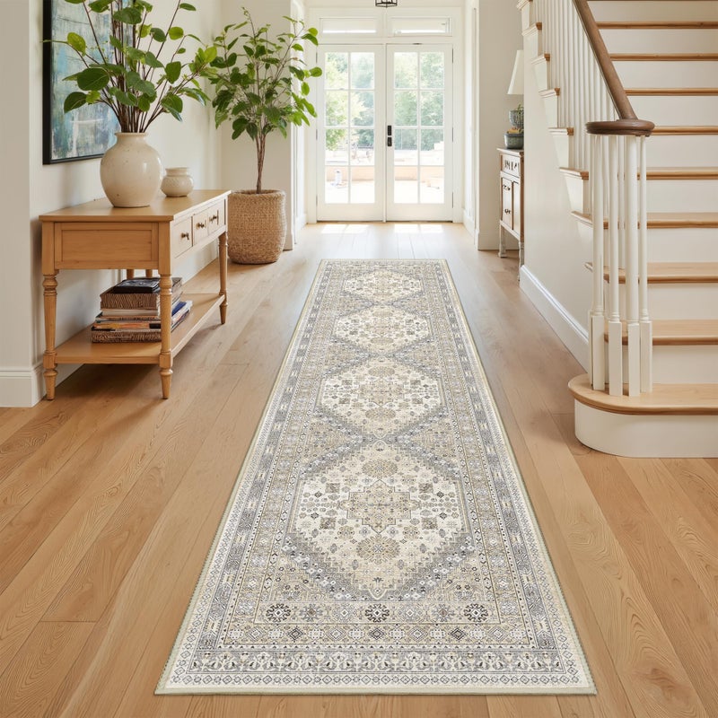 Restydon Runner Rug 2x8 Runners for Hallways Non Slip Washable, Vintage Hallway Runner Rugs for Living Room, Low Pile Soft Hallway Rug for Kitchen Bedroom Laundry Room Rug(Beige,2'x8') - Image 1
