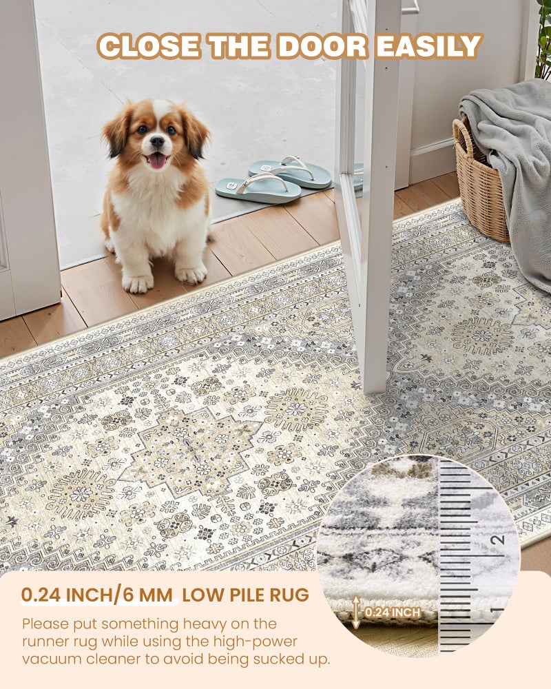 Restydon Runner Rug 2x8 Runners for Hallways Non Slip Washable, Vintage Hallway Runner Rugs for Living Room, Low Pile Soft Hallway Rug for Kitchen Bedroom Laundry Room Rug(Beige,2'x8') - Image 5