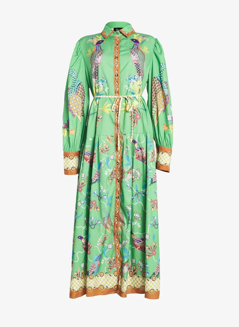 Ginger Plus Button Down A Line Printed Dress With Belt