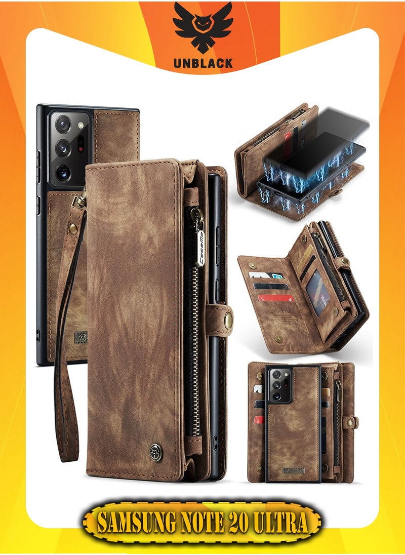 CaseMe Protective Phone Cover Case Wallet Case For Samsung Galaxy Note 20 Ultra, 2 in 1 Detachable Premium Leather Magnetic Zipper Pouch Wristlet Flip Phone Case (Brown)  - Image 1