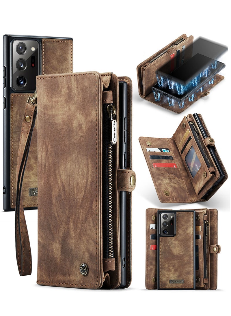 CaseMe Protective Phone Cover Case Wallet Case For Samsung Galaxy Note 20 Ultra, 2 in 1 Detachable Premium Leather Magnetic Zipper Pouch Wristlet Flip Phone Case (Brown)  - Image 2