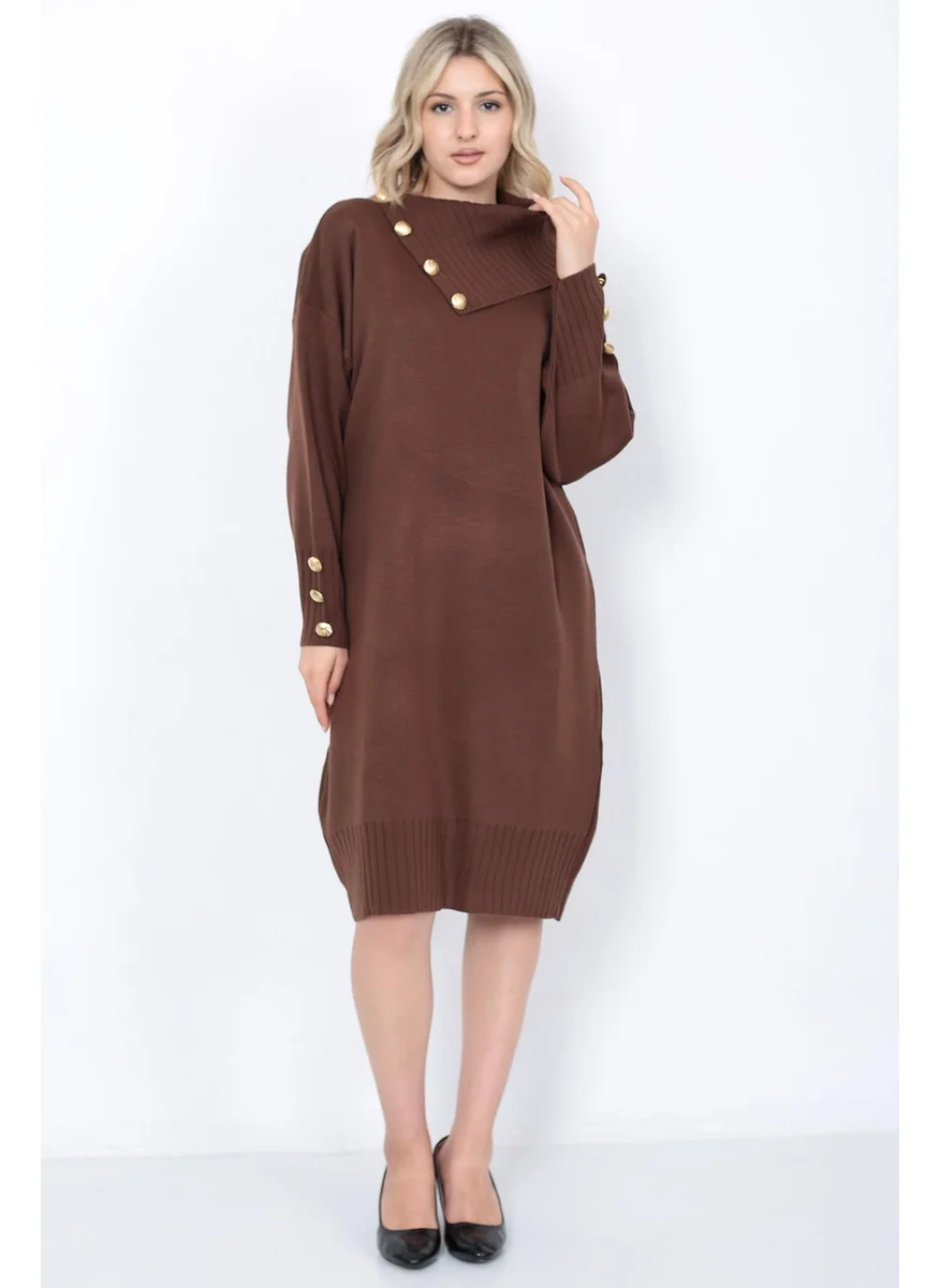 Lugmo Knitwear Long Women's Dress Collar Buttoned Brown