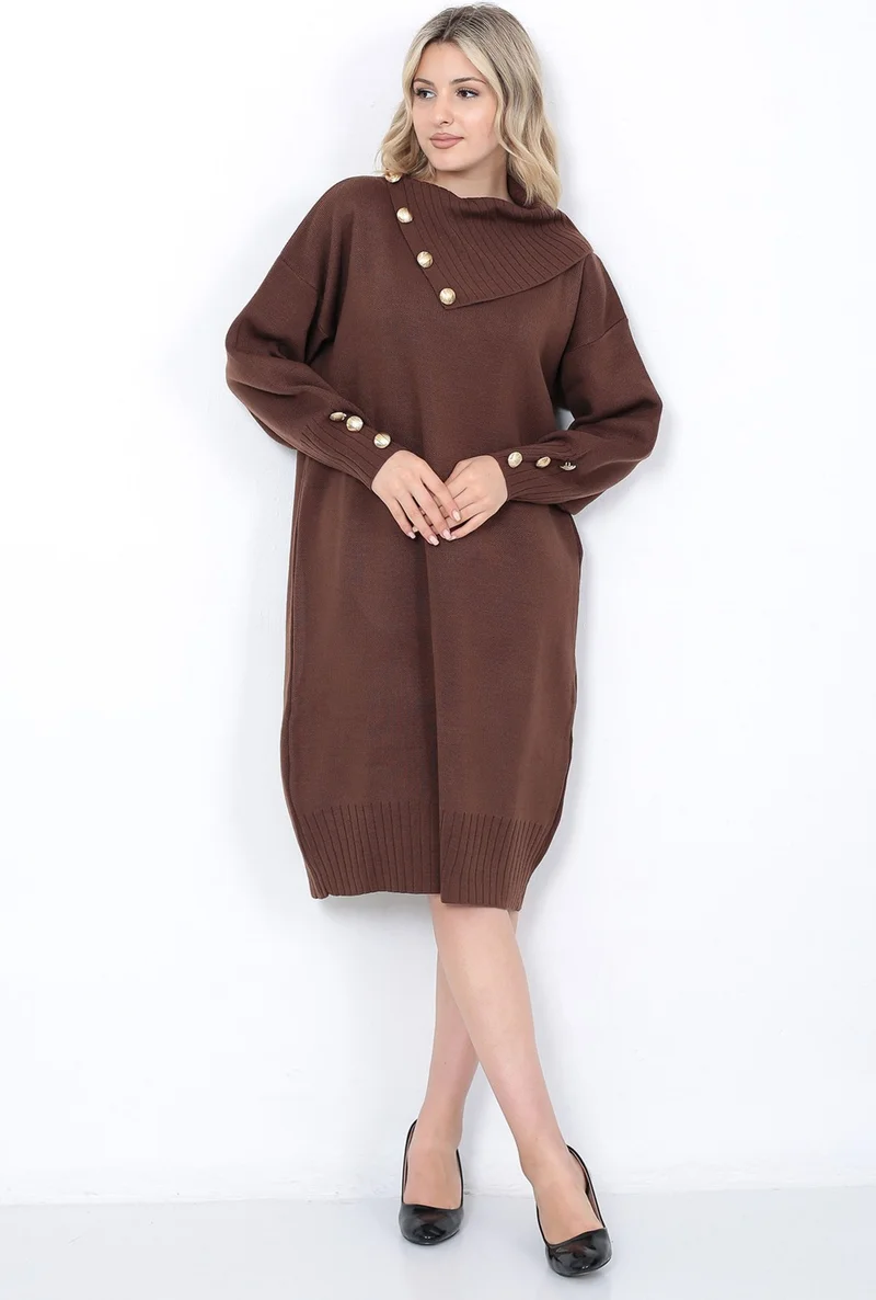 لوغمو Knitwear Long Women's Dress Collar Buttoned Brown