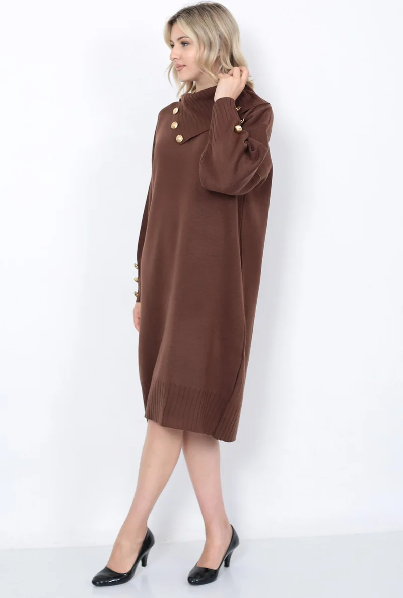 لوغمو Knitwear Long Women's Dress Collar Buttoned Brown