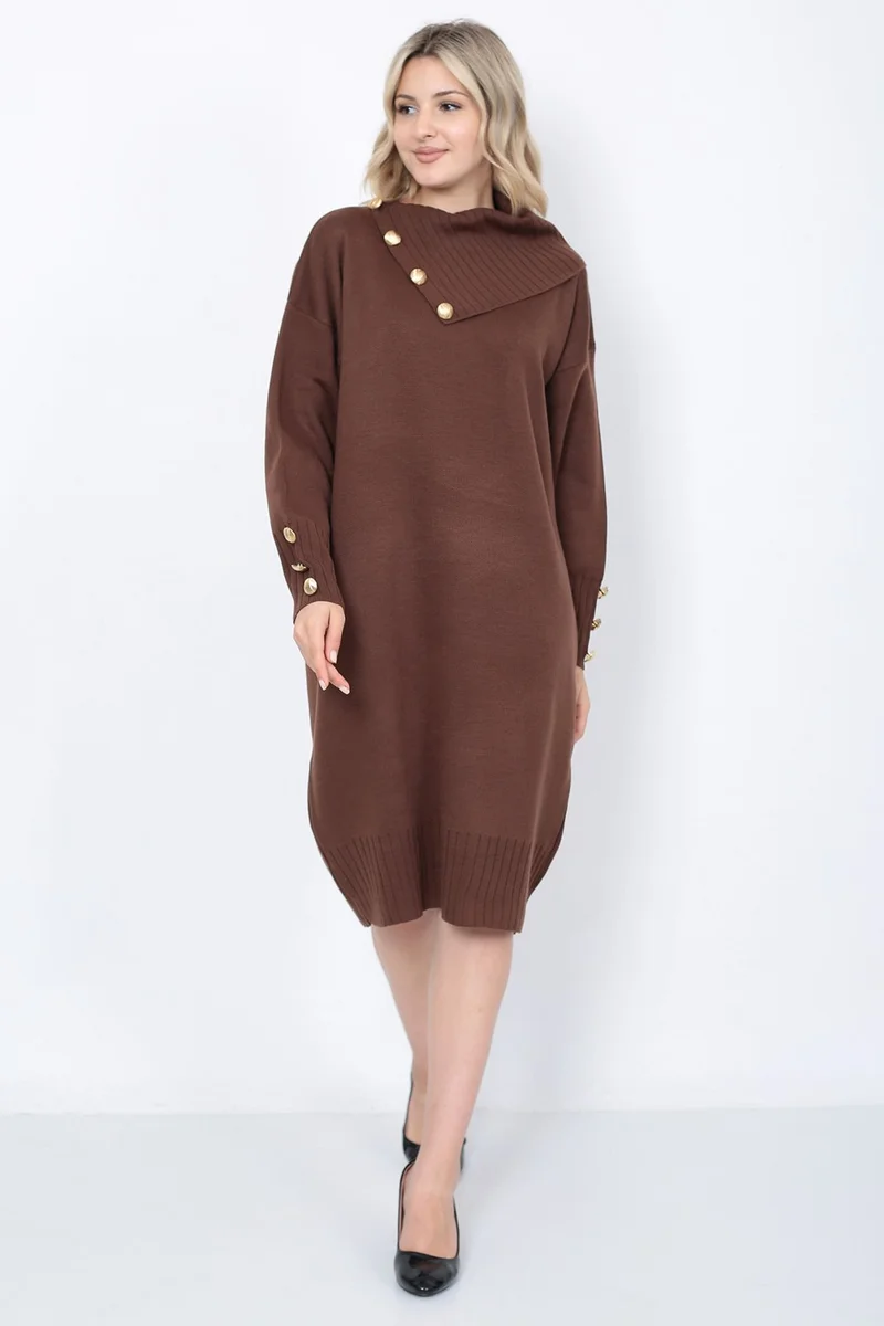 لوغمو Knitwear Long Women's Dress Collar Buttoned Brown