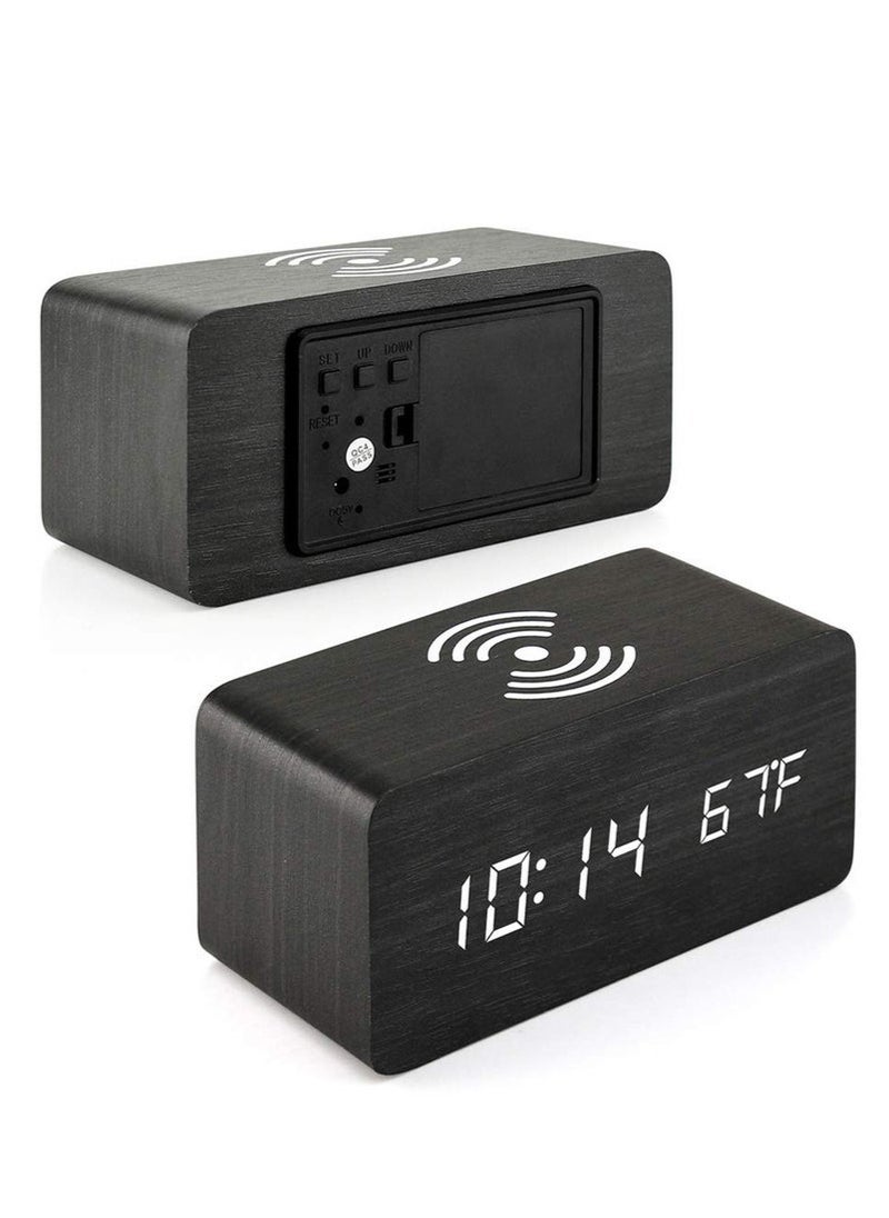 The elegant wooden design adds a natural and modern touch to your office or bedroom.  A digital LED display clearly displays the time, even in the dark.  A multi-time alarm with three customizable alarm times.  A built-in wireless charger compatible with wireless charging devices.  Temperature display in Celsius or Fahrenheit.  The display automatically turns off after a period of time and can be turned back on by voice or touch.  The screen brightness can be controlled.